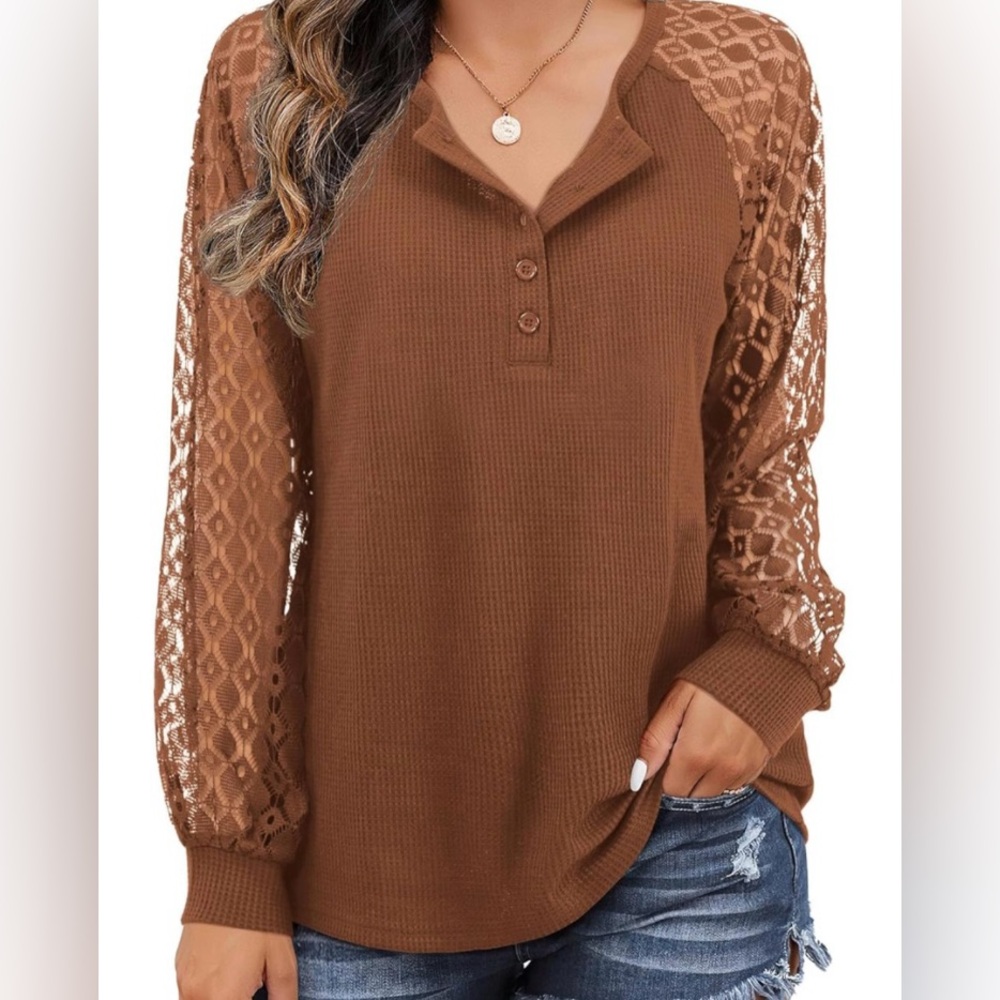 New Women Waffle Knit Blouse Lace Long Sleeve.